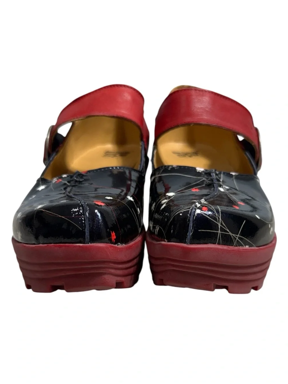 John Fluevog Mellow Sonata Platform Mary Jane Black Red Floral Print 10/10.5